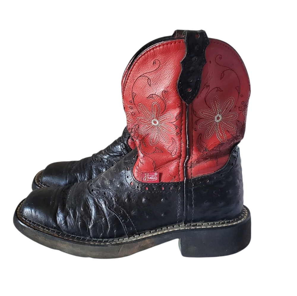 Justin Red Black Faux Ostrich Leather Cowboy Western Boots Size 6